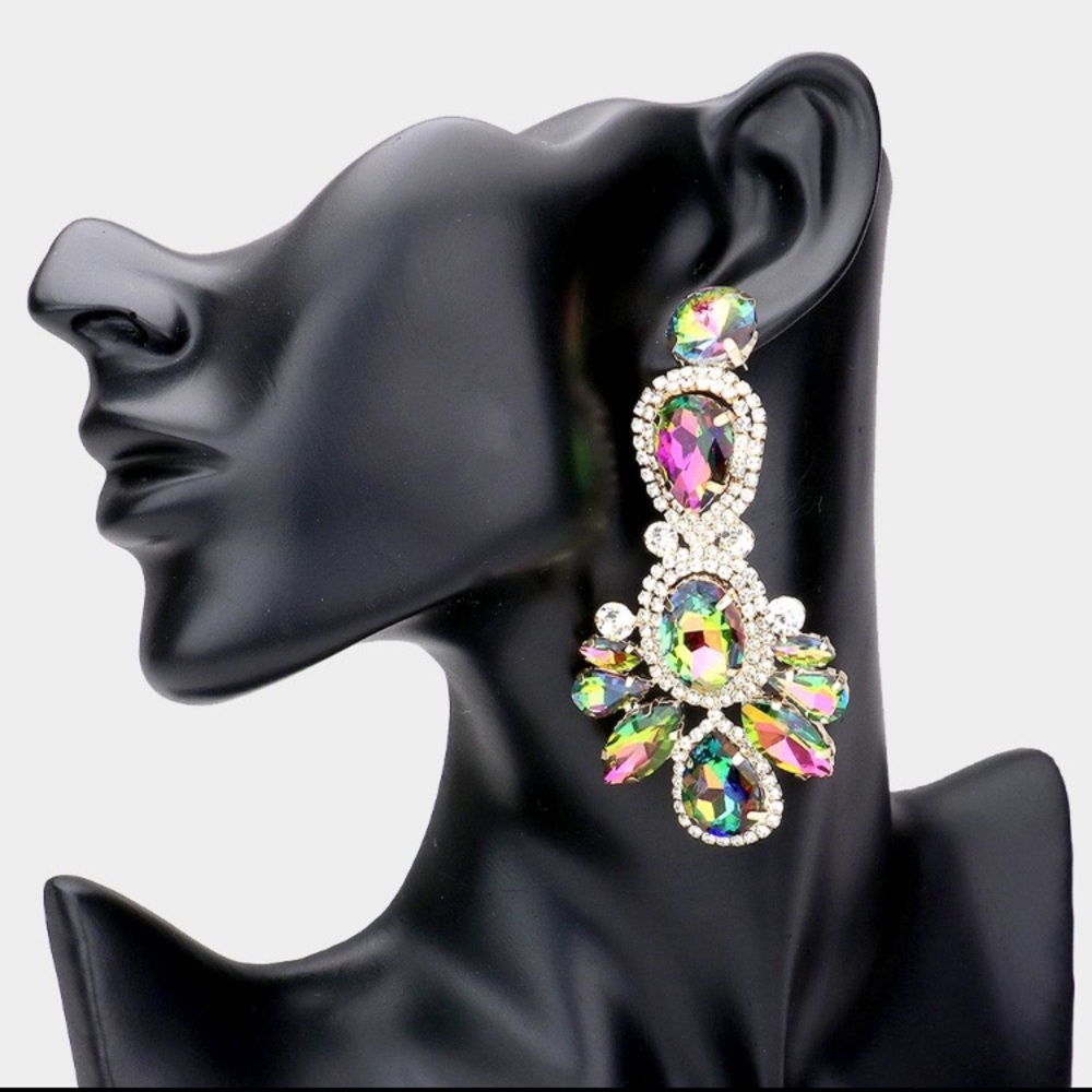 Gold Vitrail Crystal Rhinestone Pave Drop Evening Earrings